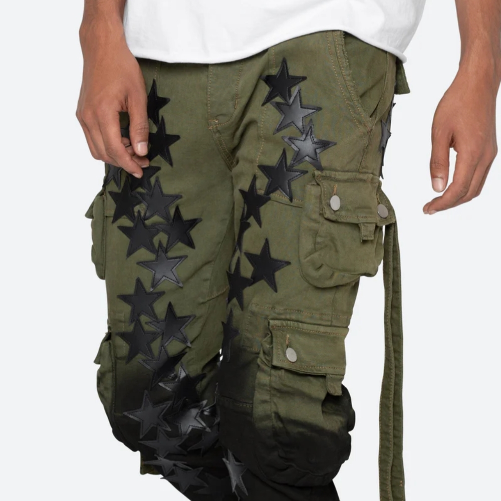 MNML Green Cargo Pants with Black Star Accents